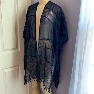 Designer Swimwear Lace Trim Cover-up Kimono Wrap M Navy